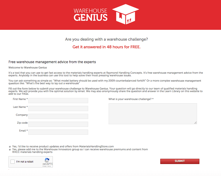 Lead capture forms for materials handling websites