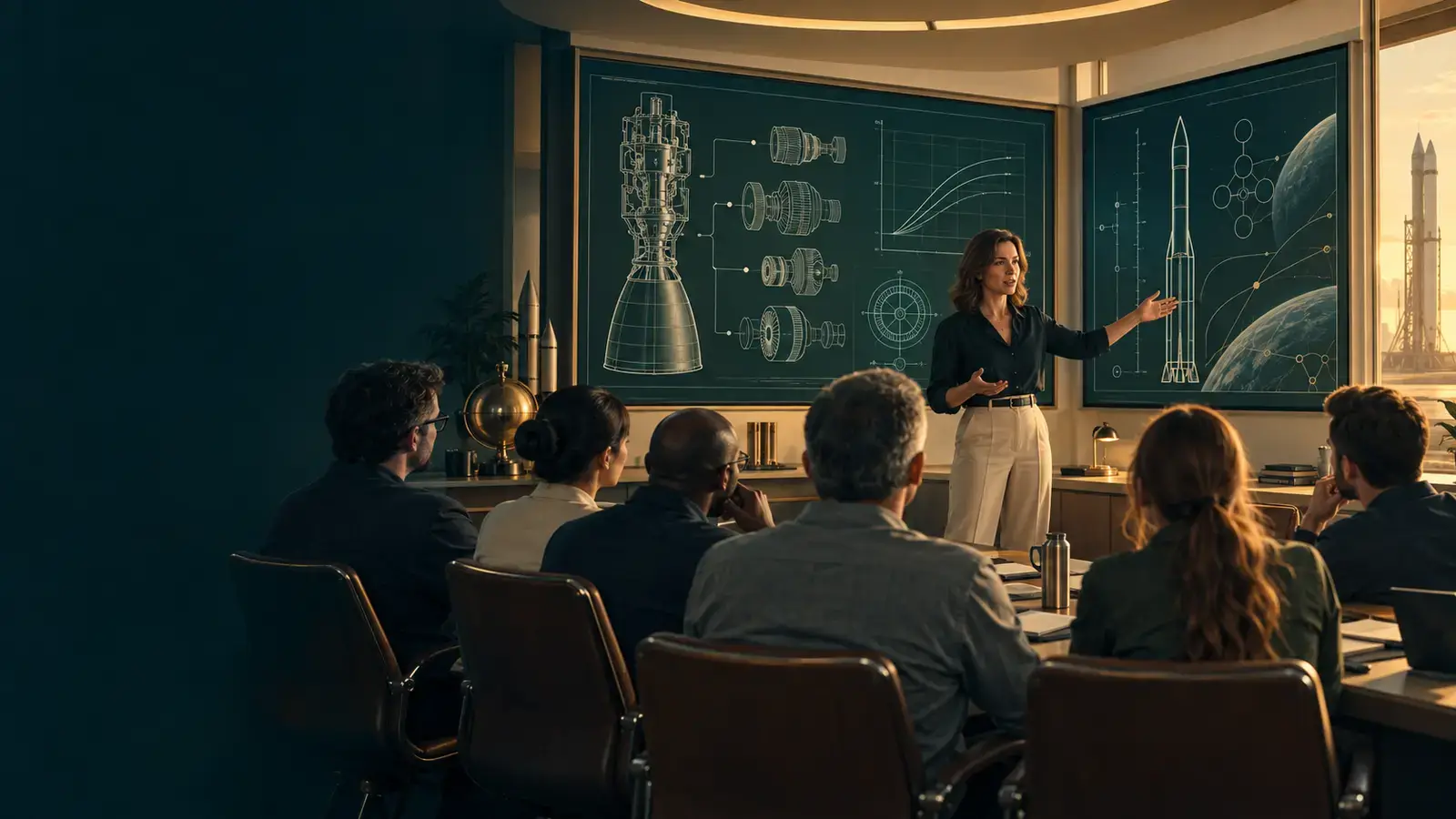 A woman leads a question-and-answer briefing with aerospace engineers in front of rocket schematics and performance charts