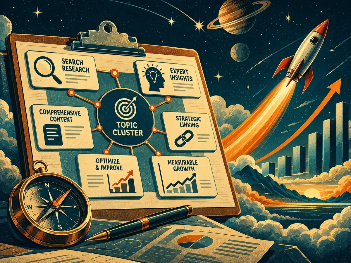 Editorial strategy board showing search research, topic clusters, expert insights, linking and measurable growth