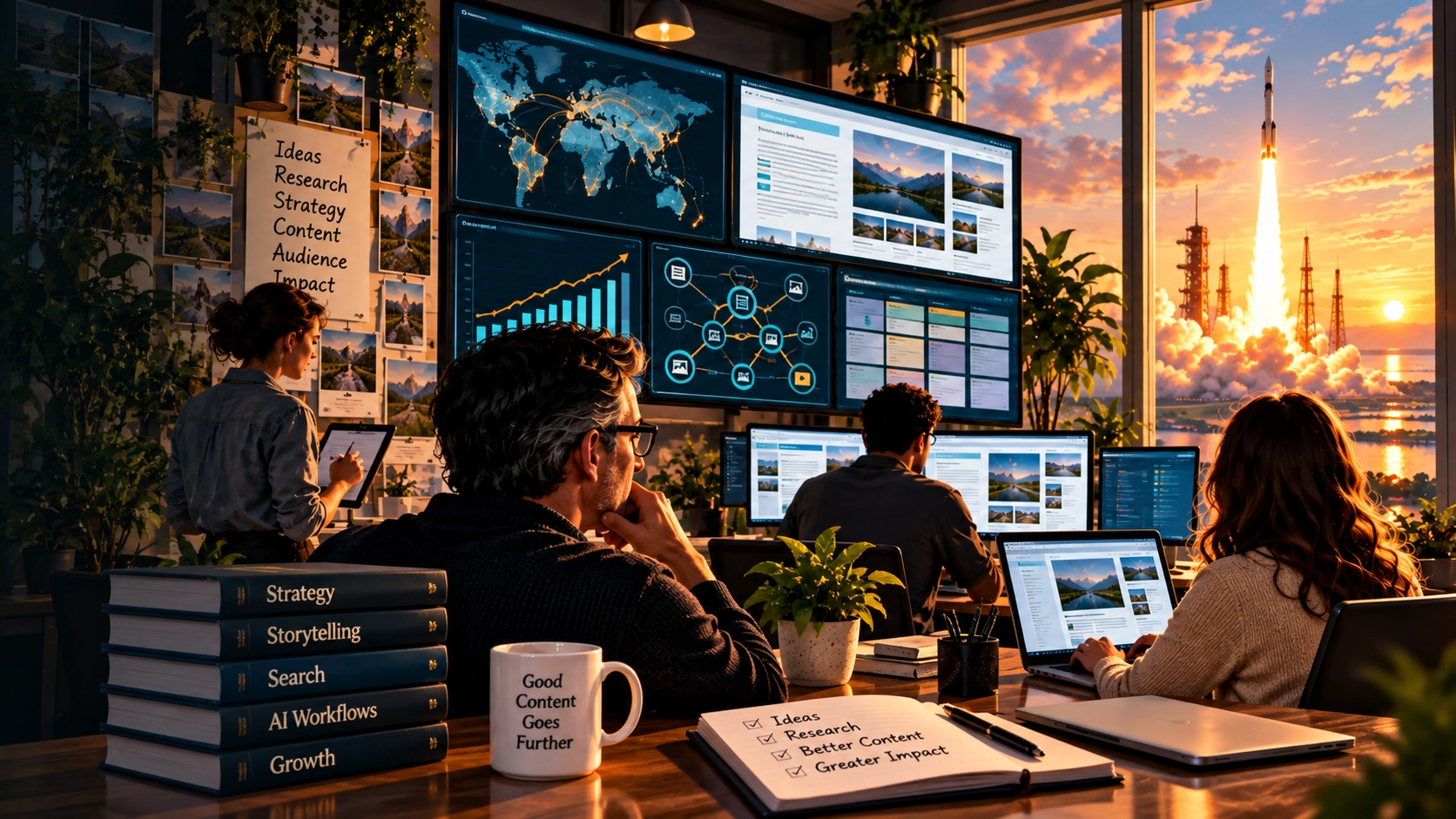 Human-led editorial team using AI-powered publishing systems while monitoring a rocket launch