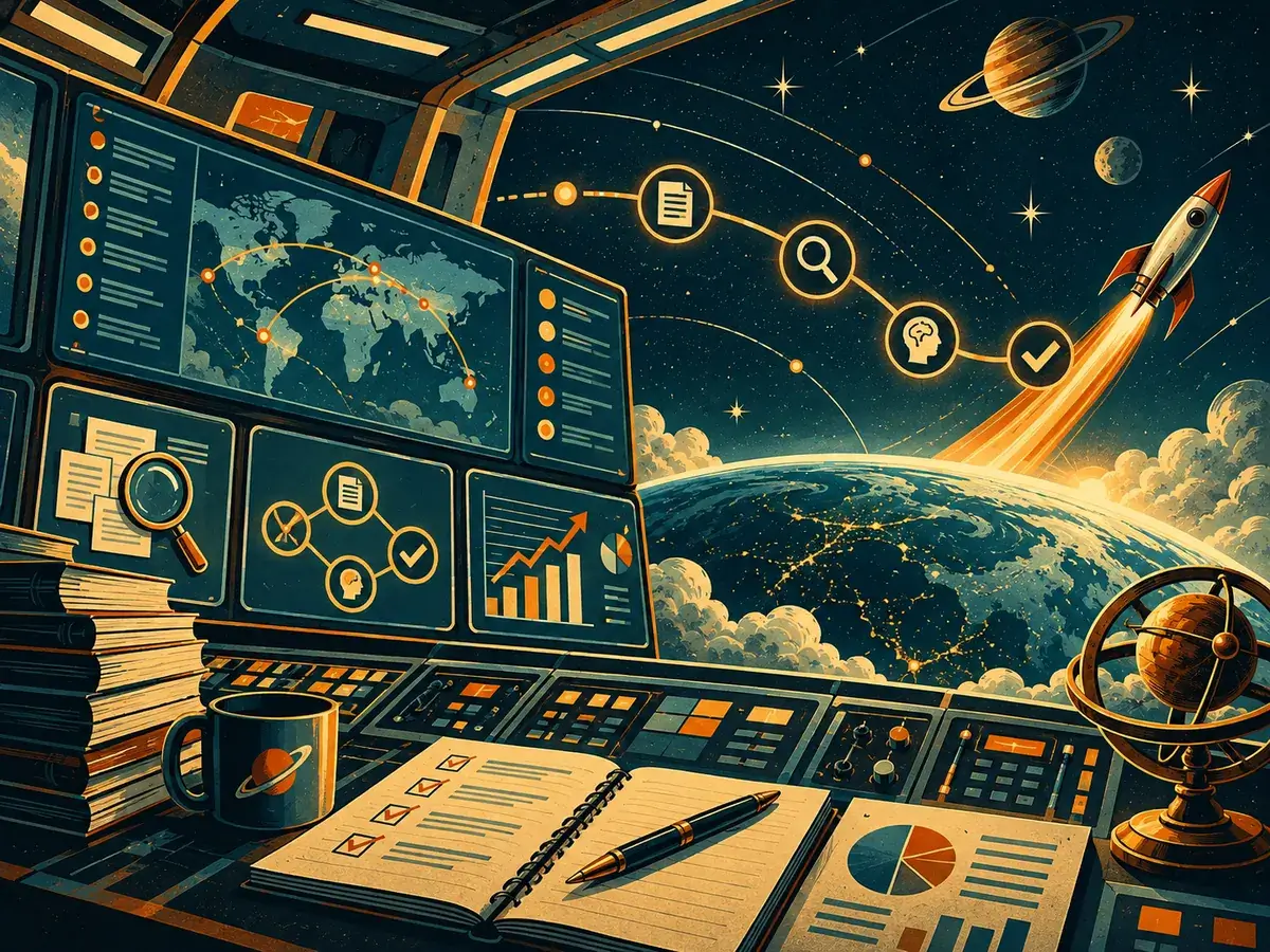 Retro-futurist mission control illustration representing research, analysis and editorial workflow