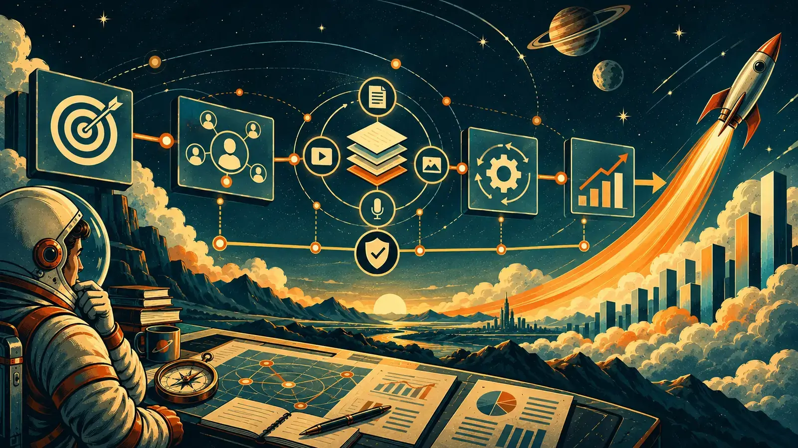 Retro-futurist illustration of a business objective moving through audience, content, workflow and measurement toward growth