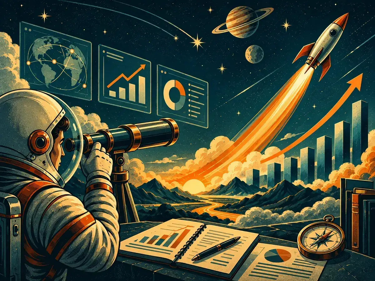 Retro-futurist growth illustration with rocket, charts and observation representing measurable editorial impact