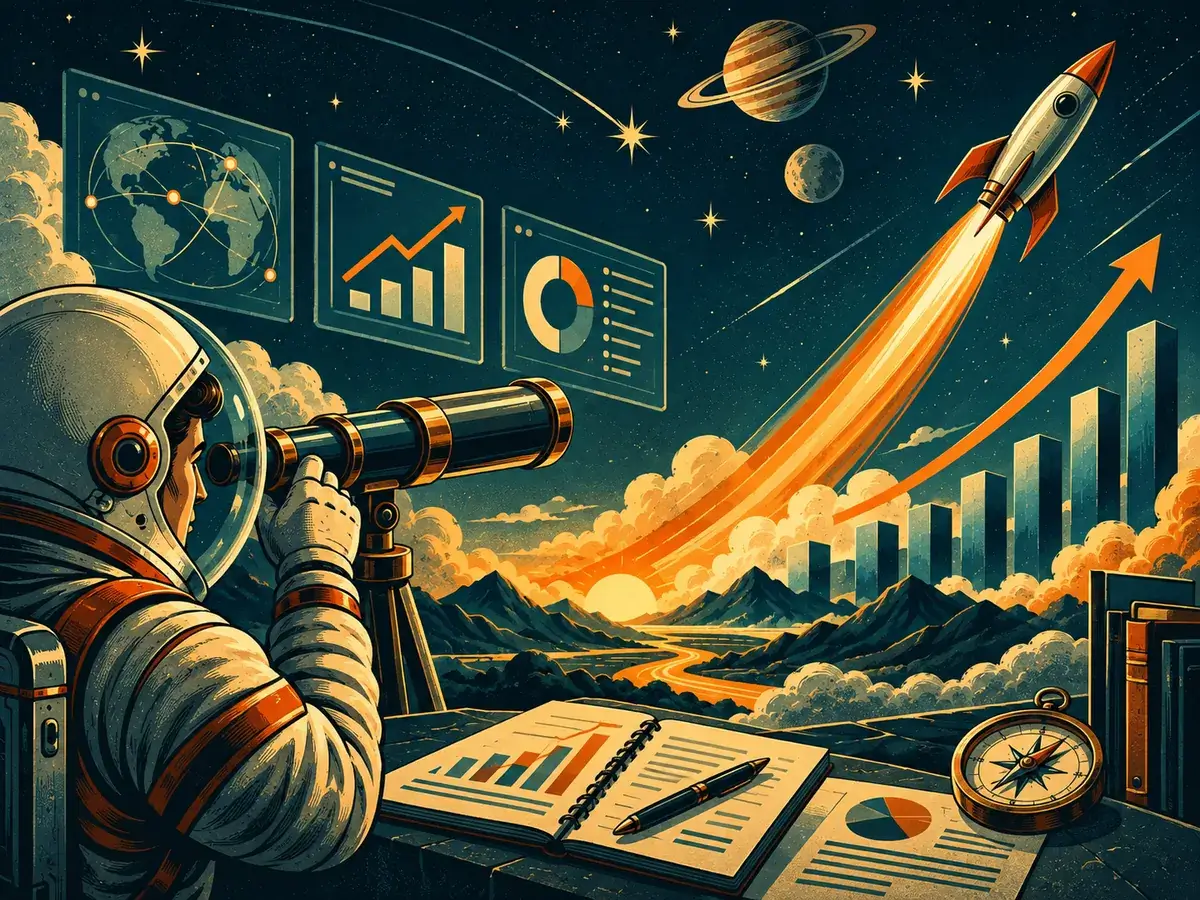 Retro-futurist illustration of search growth, analysis and a rocket launch